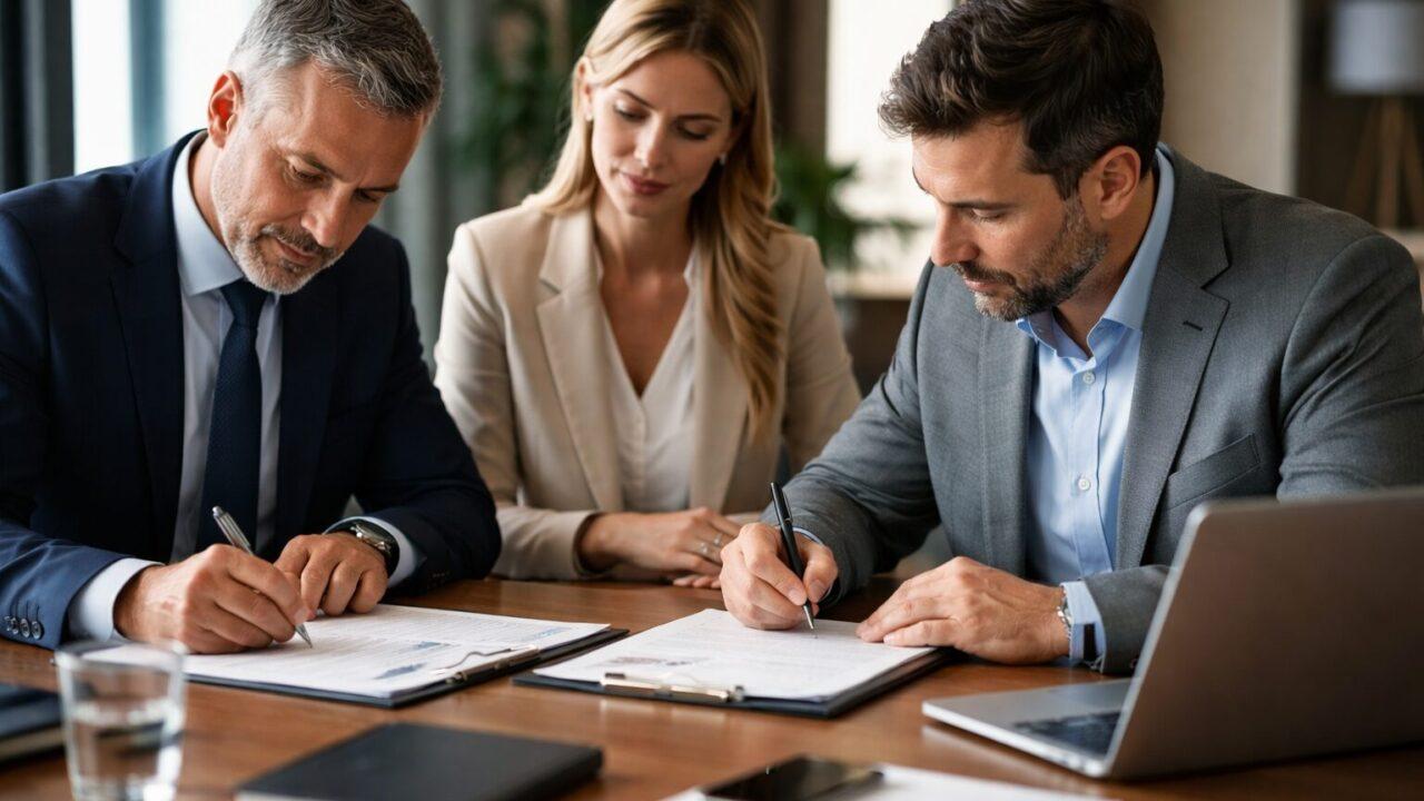 Profissionais analisando e assinando contrato empresarial